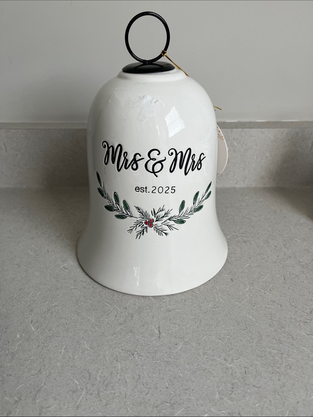 Ceramic 'Mrs & Mrs' Bell Ornament in White with Green & Red Accents